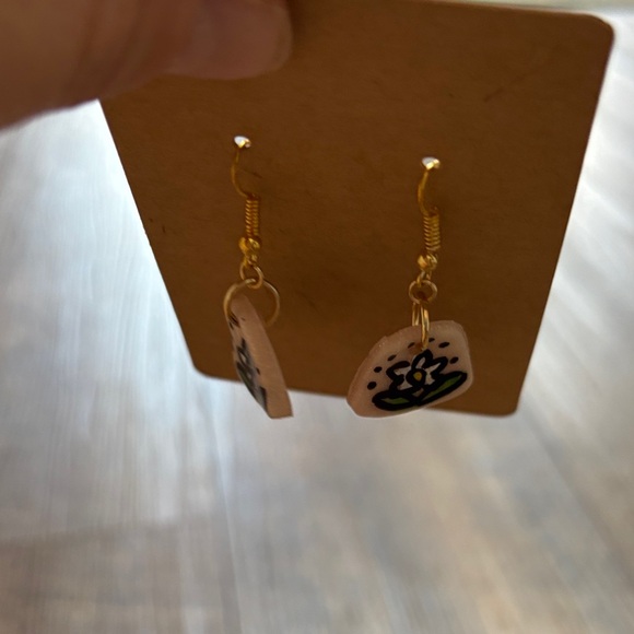 Handmade Polymer Clay Floral Dangle Earrings - Blush Pink & Green - Picture 3 of 5